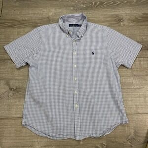 Ralph Lauren Shirt Mens XL Seersucker Blue White‎ Check Button Down Short Sleeve